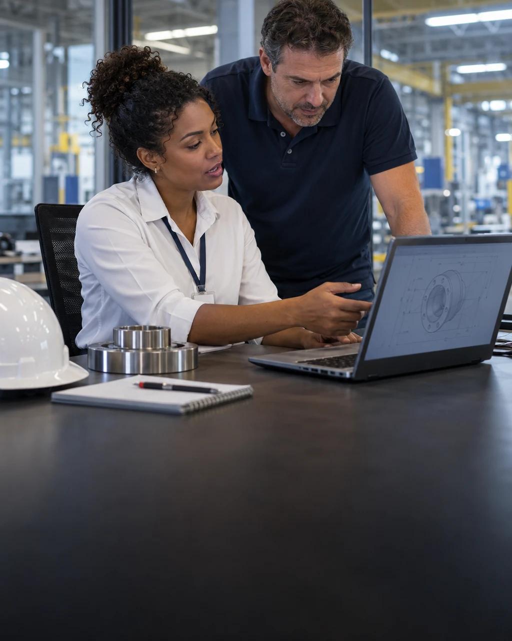 Engenheira mostrando um desenho técnico no notebook a um colega