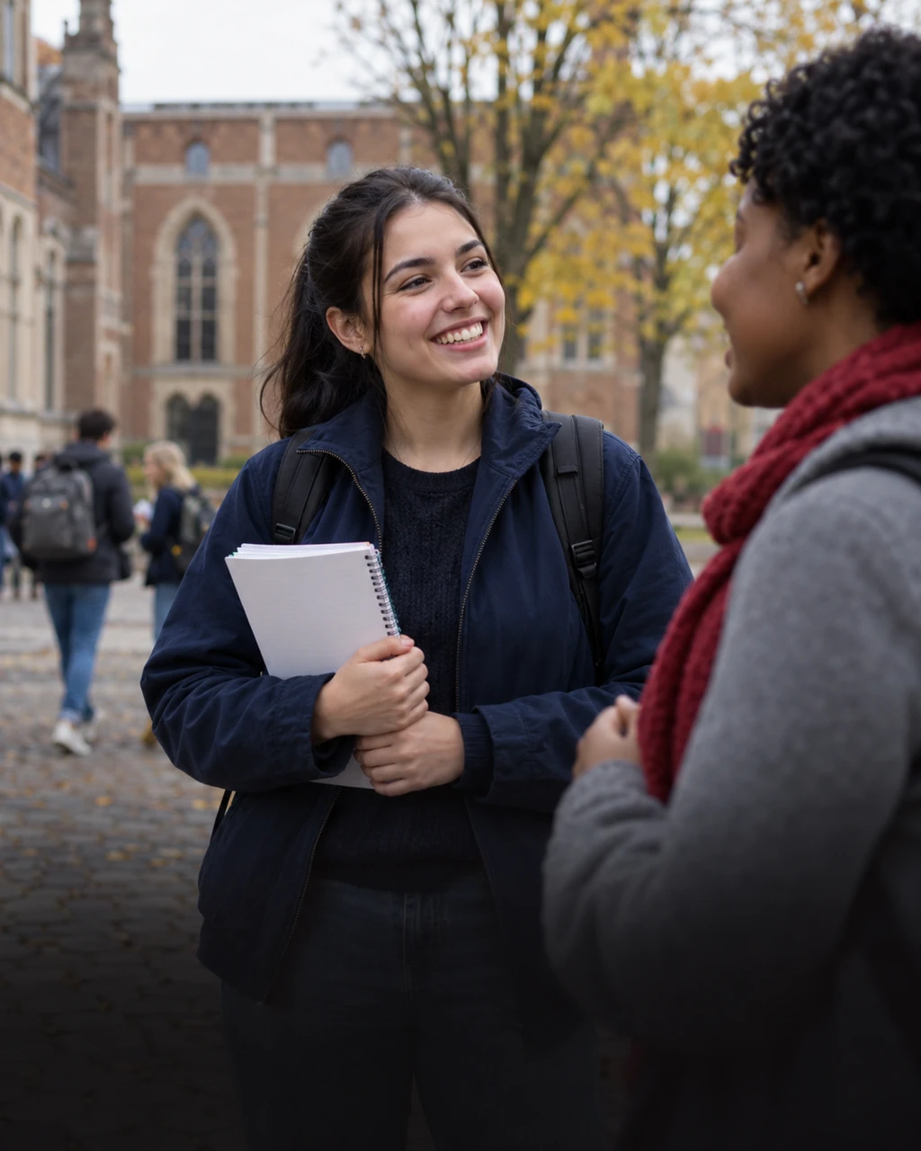 Estudante conversando com uma colega no pátio de uma universidade europeia