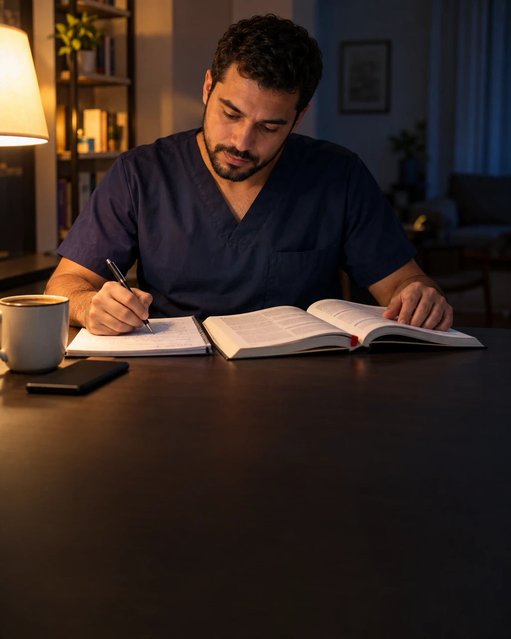 Enfermeiro de uniforme estudando alemão à mesa de casa, com o livro e o caderno
